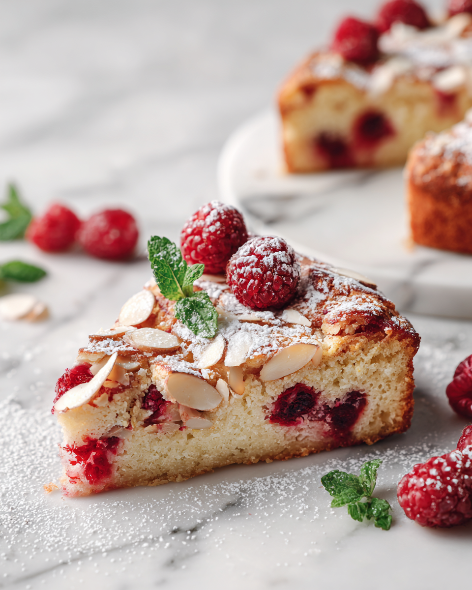 Pastel de almendras y frambuesas esponjoso y delicioso, perfecto para celebraciones y tardes acogedoras