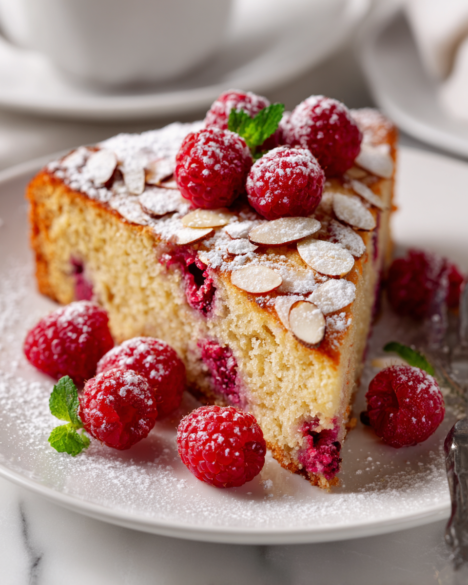 Pastel de almendras y frambuesas esponjoso y delicioso, perfecto para celebraciones y tardes acogedoras