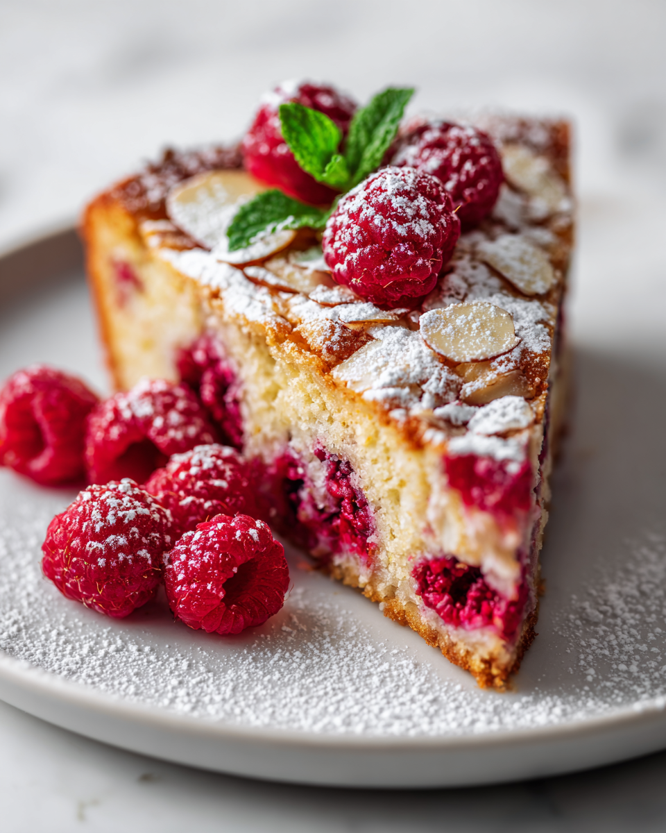 Pastel de almendras y frambuesas esponjoso y delicioso, perfecto para celebraciones y tardes acogedoras