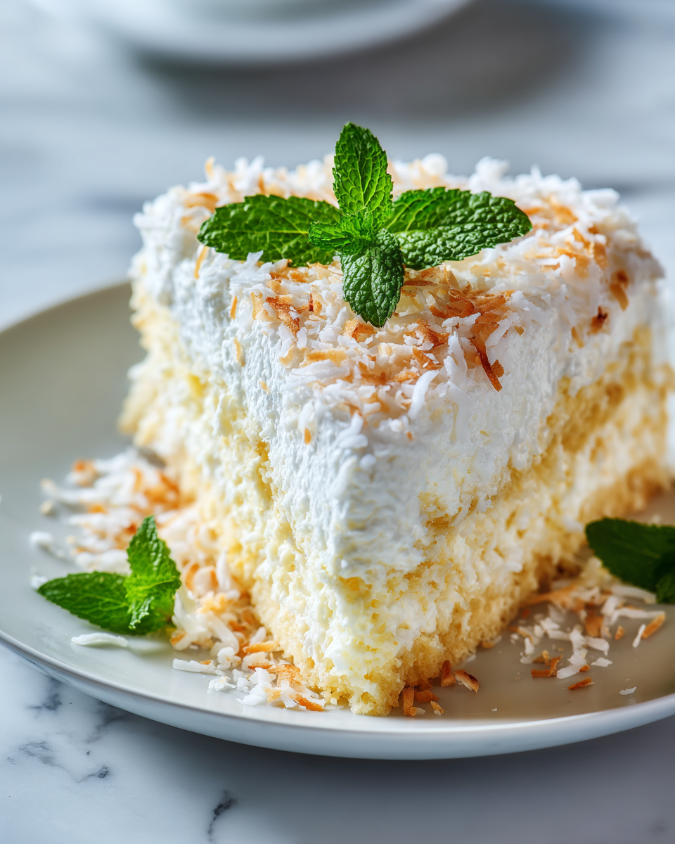 Pastel cremoso de crema de coco decorado con crema batida y coco rallado, perfecto para las reuniones familiares.