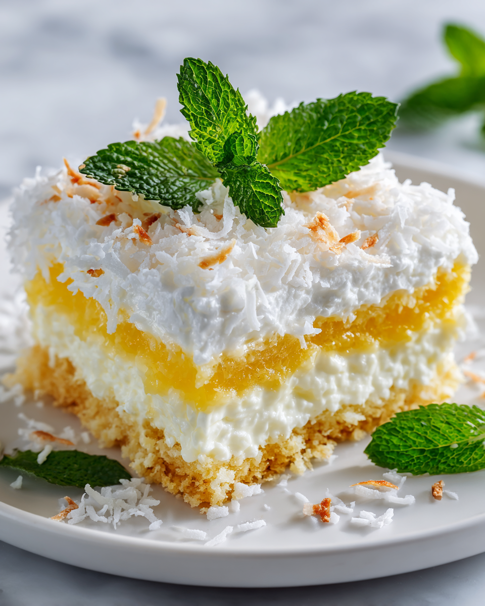 Pastel cremoso de crema de coco decorado con crema batida y coco rallado, perfecto para las reuniones familiares.