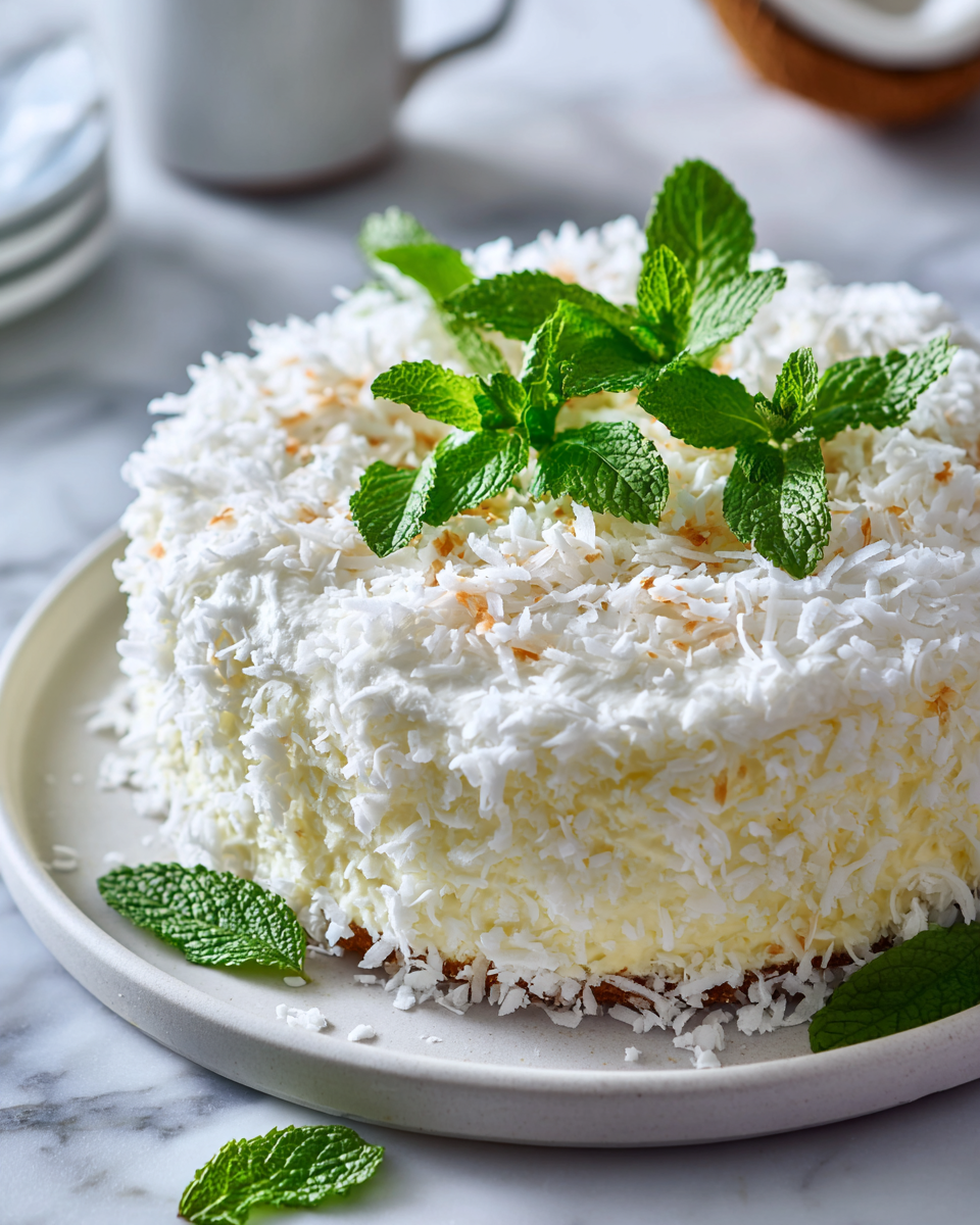 Pastel cremoso de crema de coco decorado con crema batida y coco rallado, perfecto para las reuniones familiares.
