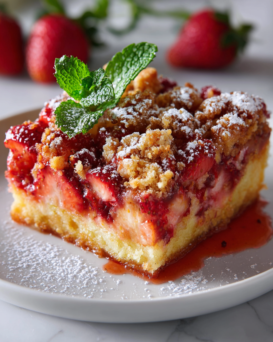 Pastel de crumble de fresa, un postre veraniego con fresas jugosas y topping crujiente, ideal para celebraciones con amigos o familia.