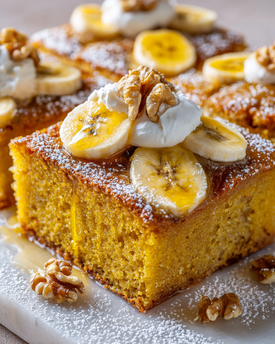 Pastel de plátano húmedo, perfecto para ocasiones familiares, con plátanos maduros y nueces.