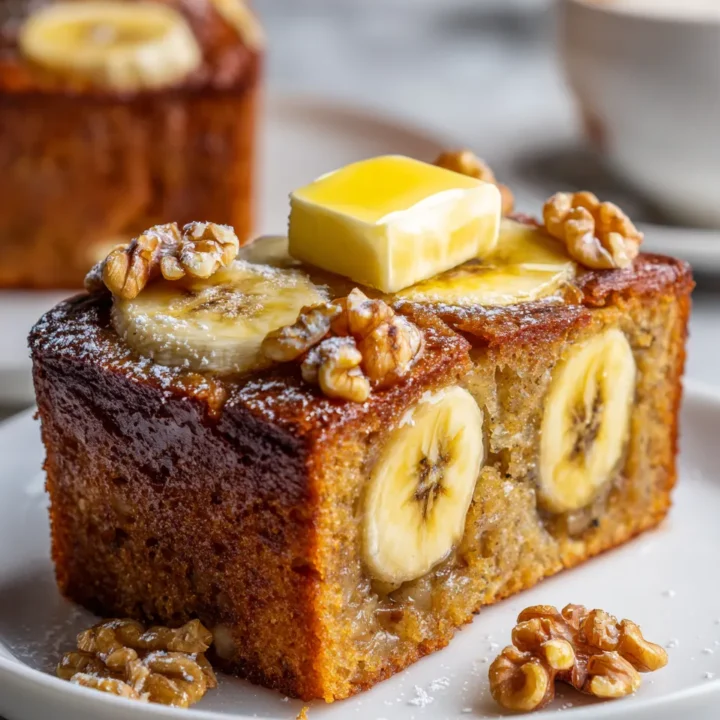 Pastel de plátano húmedo, perfecto para ocasiones familiares, con plátanos maduros y nueces.