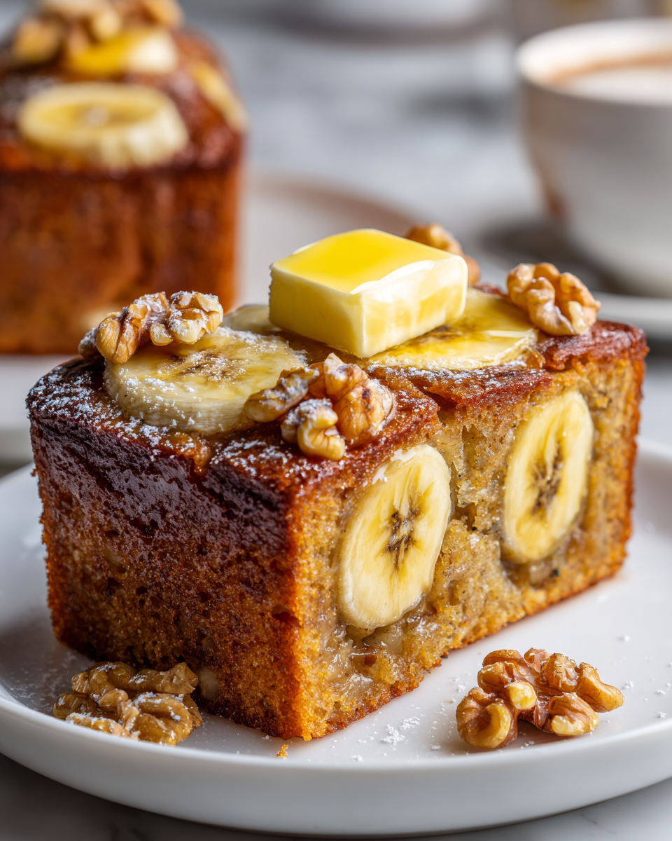 Pastel de plátano húmedo, perfecto para ocasiones familiares, con plátanos maduros y nueces.