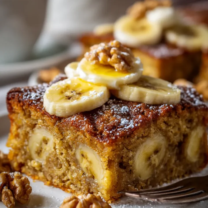 Pastel de plátano húmedo, perfecto para ocasiones familiares, con plátanos maduros y nueces.