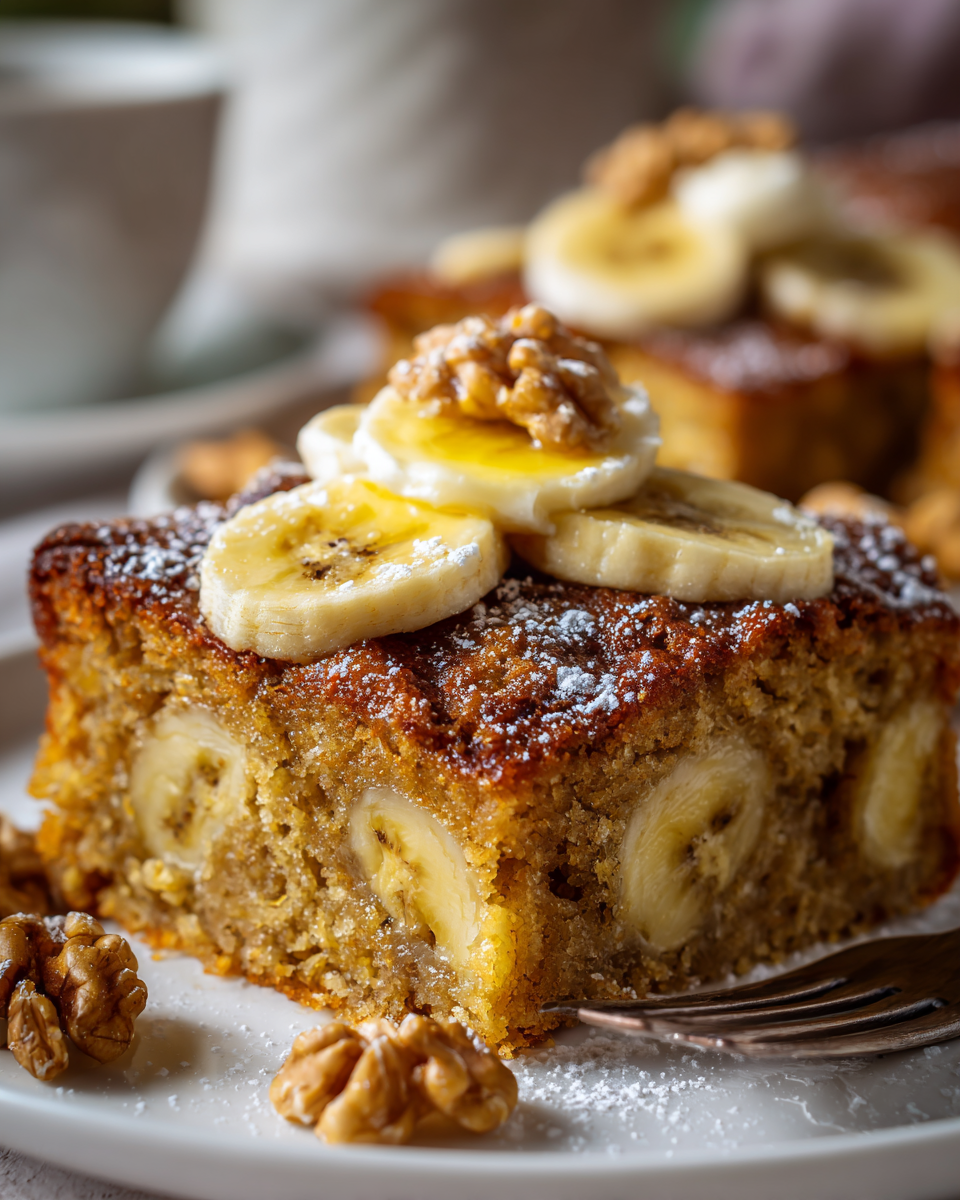 Pastel de plátano húmedo, perfecto para ocasiones familiares, con plátanos maduros y nueces.
