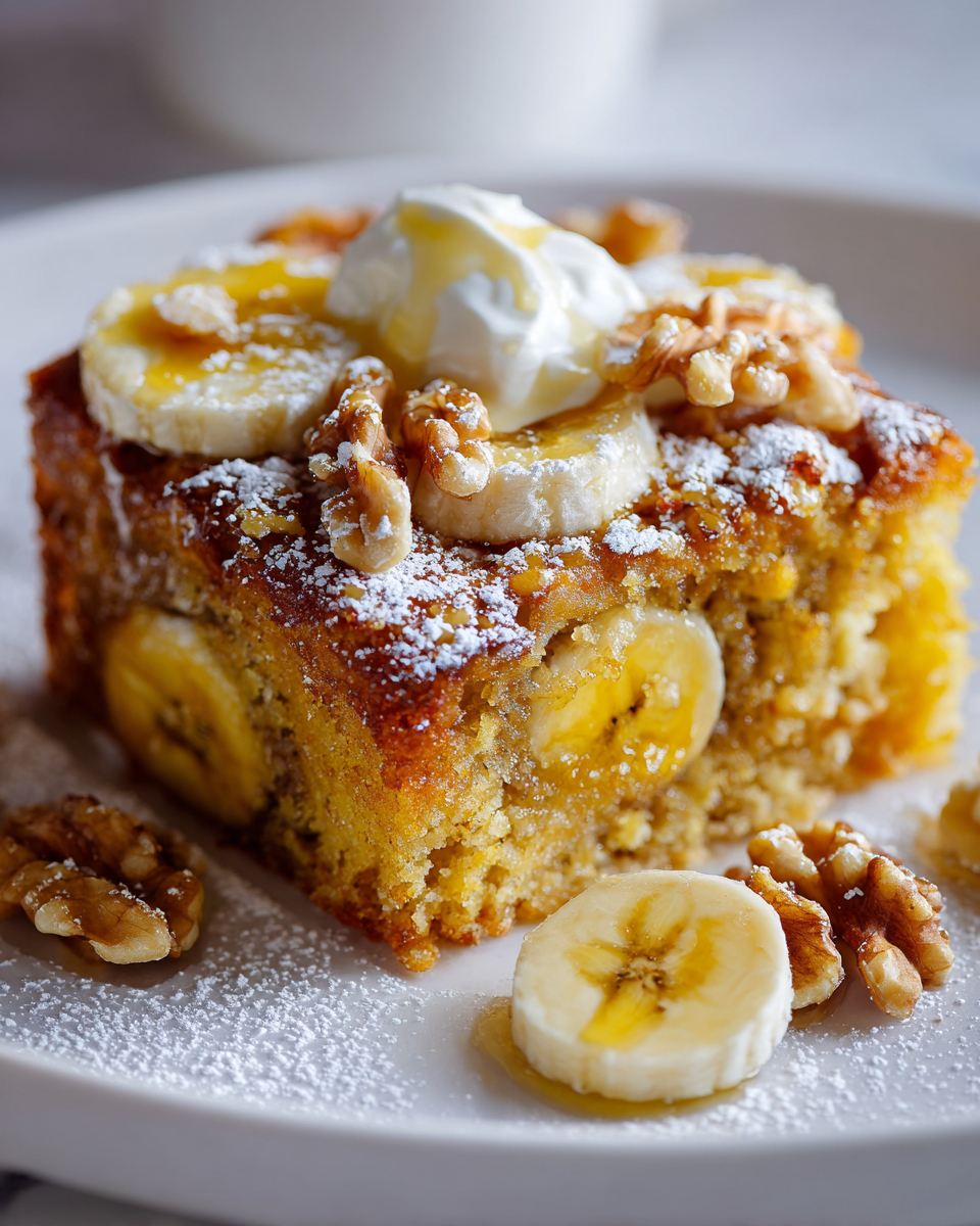 Pastel de plátano húmedo, perfecto para ocasiones familiares, con plátanos maduros y nueces.