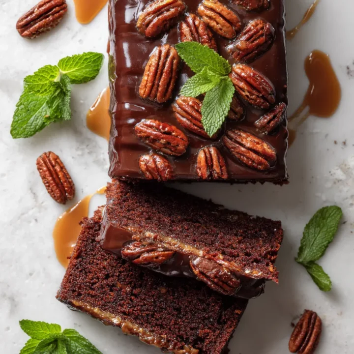 Pastel de Texas con chocolate y glaseado de nuez pecana, perfecto para cualquier celebración.