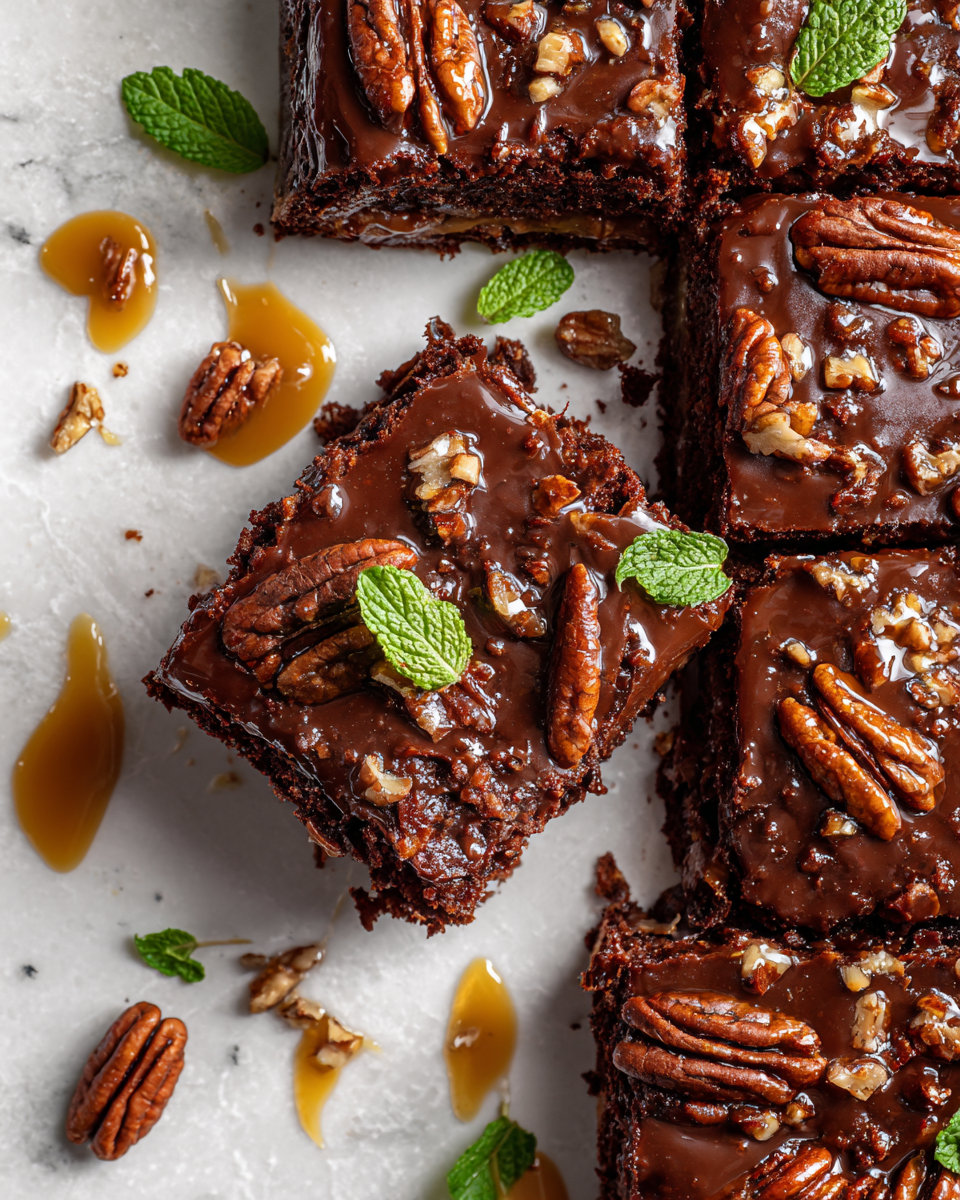 Pastel de Texas con chocolate y glaseado de nuez pecana, perfecto para cualquier celebración.