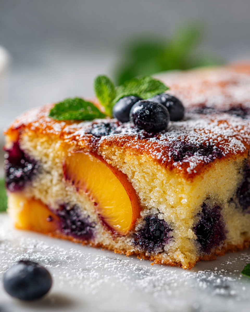 Delicioso pastel de durazno y arándano fresco, un postre de verano irresistible, perfecto para reuniones y fiestas, fácil de preparar con frutas de temporada.