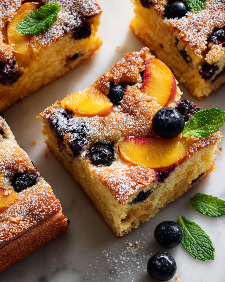 Delicioso pastel de durazno y arándano fresco, un postre de verano irresistible, perfecto para reuniones y fiestas, fácil de preparar con frutas de temporada.