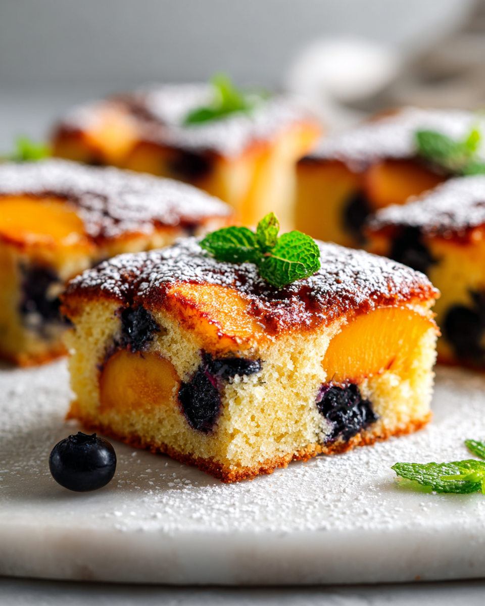 Delicioso pastel de durazno y arándano fresco, un postre de verano irresistible, perfecto para reuniones y fiestas, fácil de preparar con frutas de temporada.