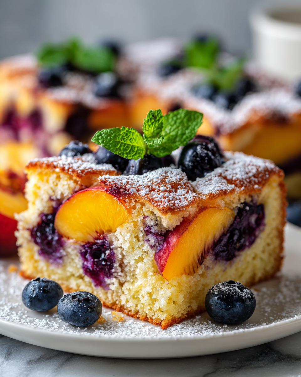 Delicioso pastel de durazno y arándano fresco, un postre de verano irresistible, perfecto para reuniones y fiestas, fácil de preparar con frutas de temporada.