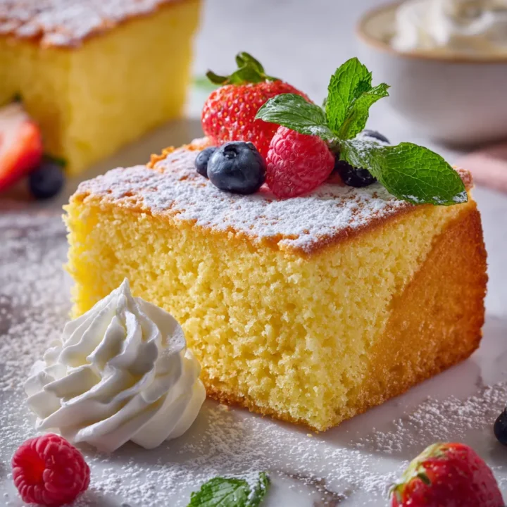 Pastel esponjoso español listo para servir con frutas frescas y crema batida.