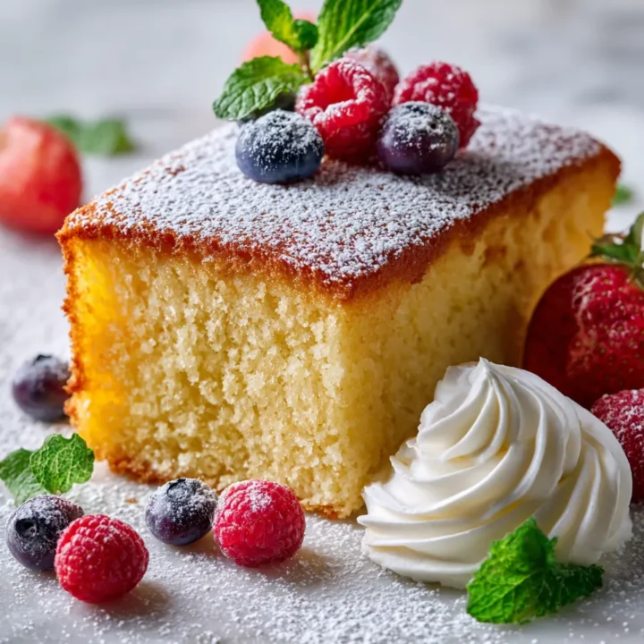 Pastel esponjoso español listo para servir con frutas frescas y crema batida.