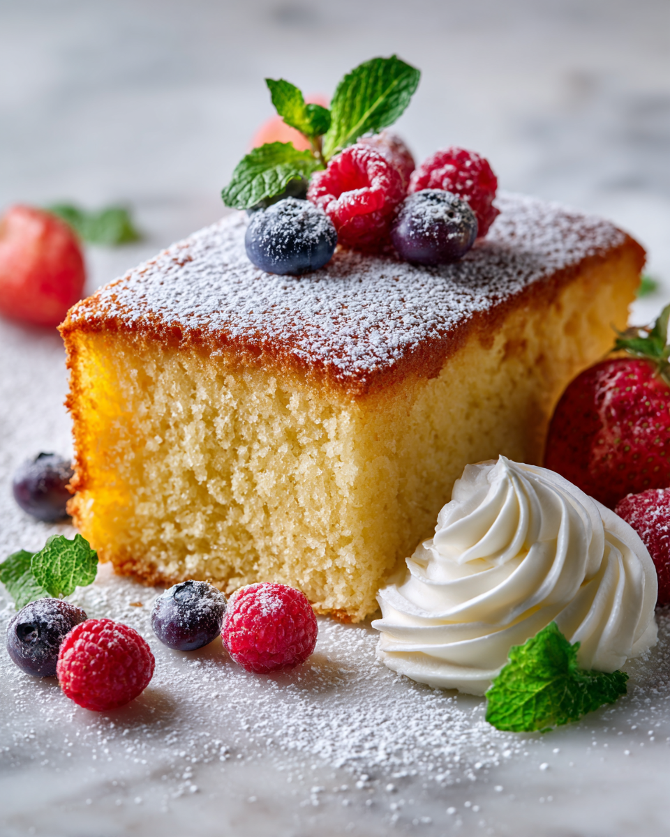 Pastel esponjoso español listo para servir con frutas frescas y crema batida.