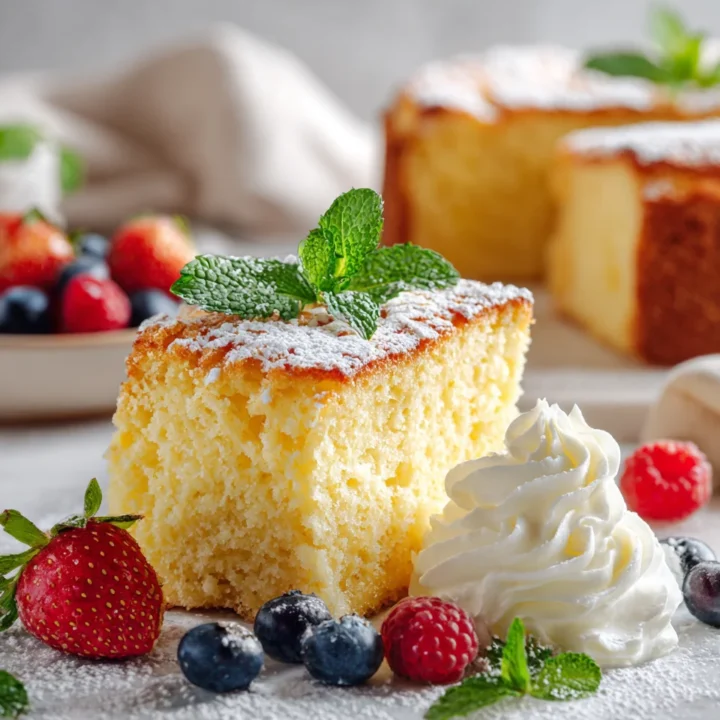 Pastel esponjoso español listo para servir con frutas frescas y crema batida.