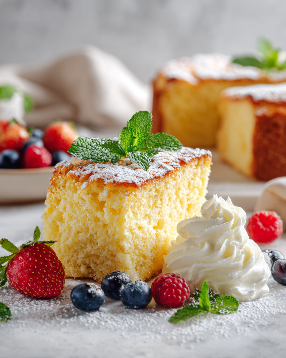 Pastel esponjoso español listo para servir con frutas frescas y crema batida.