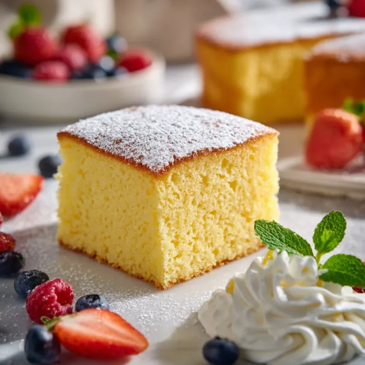 Pastel esponjoso español listo para servir con frutas frescas y crema batida.