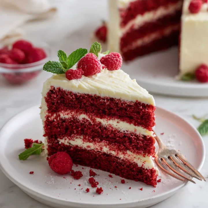 Delicioso Pastel de Terciopelo Rojo para Celebraciones Pastel de terciopelo rojo decorado con glaseado de queso crema, ideal para celebraciones y ocasiones especiales.