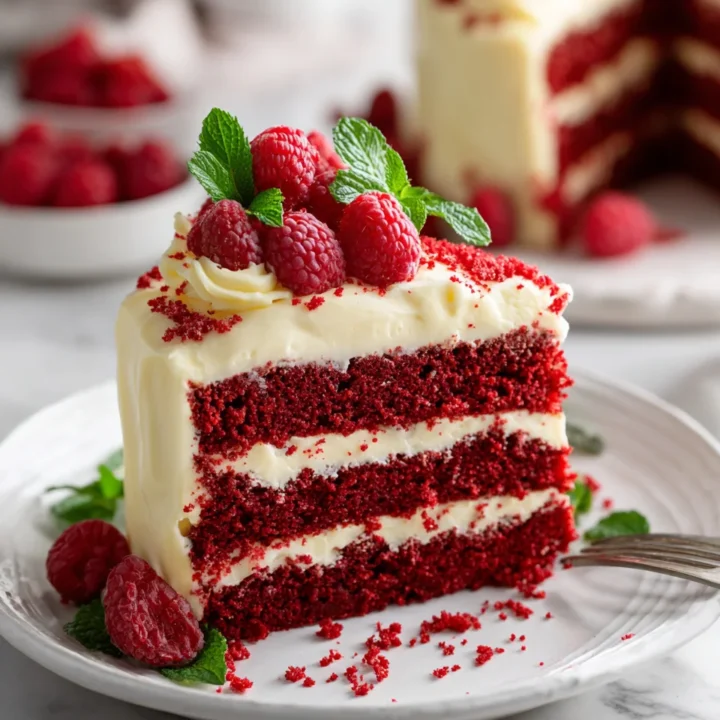 Delicioso Pastel de Terciopelo Rojo para Celebraciones Pastel de terciopelo rojo decorado con glaseado de queso crema, ideal para celebraciones y ocasiones especiales.