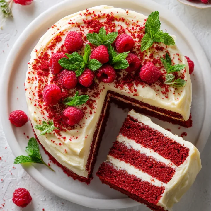 Delicioso Pastel de Terciopelo Rojo para Celebraciones Pastel de terciopelo rojo decorado con glaseado de queso crema, ideal para celebraciones y ocasiones especiales.