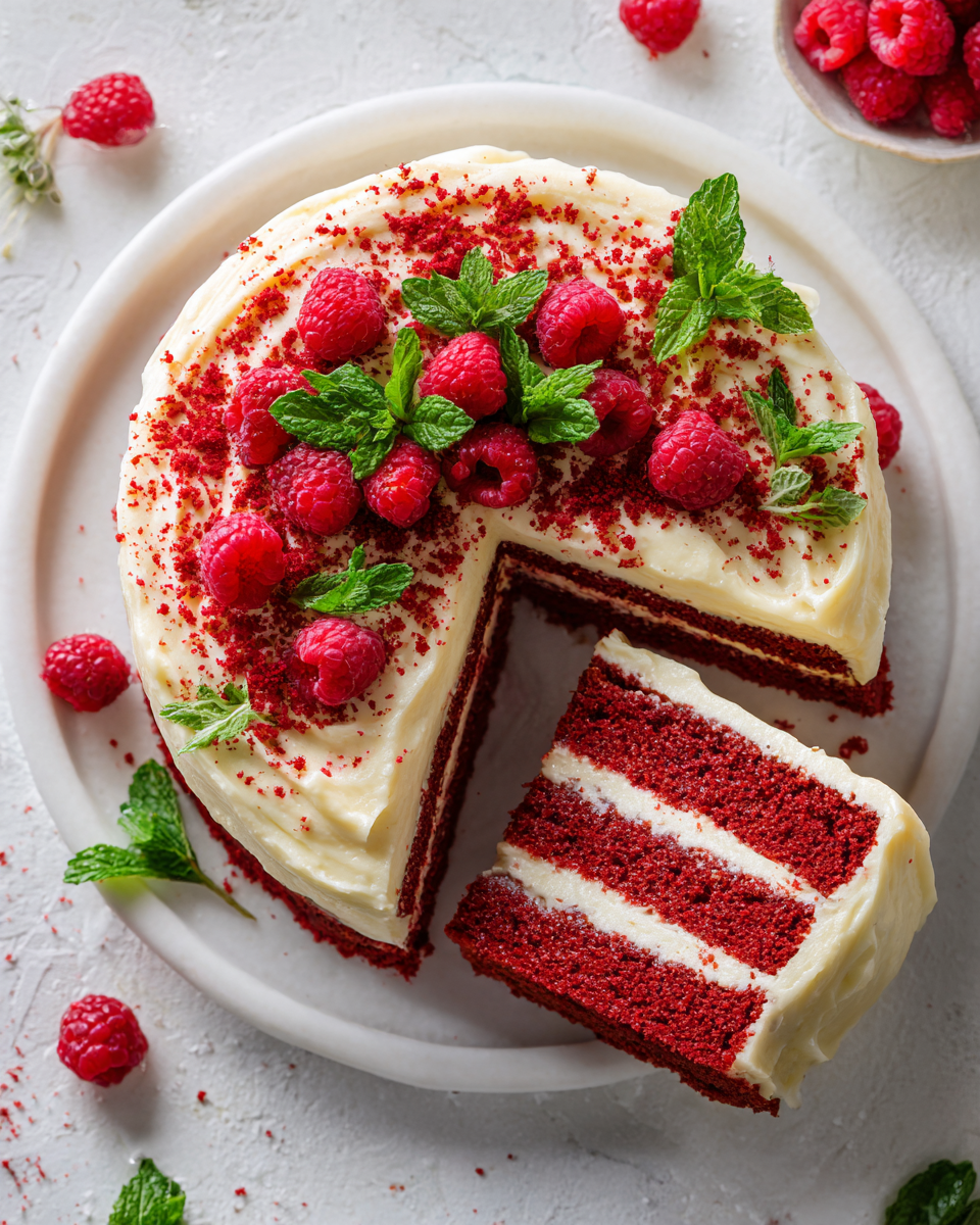 Pastel de terciopelo rojo decorado con glaseado de queso crema, ideal para celebraciones y ocasiones especiales.
