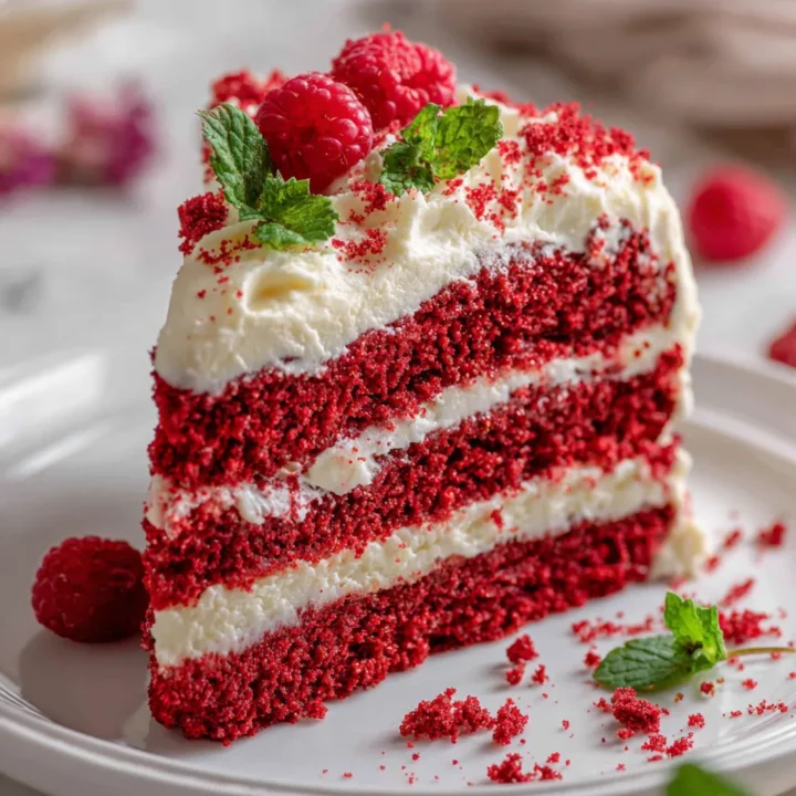 Delicioso Pastel de Terciopelo Rojo para Celebraciones Pastel de terciopelo rojo decorado con glaseado de queso crema, ideal para celebraciones y ocasiones especiales.