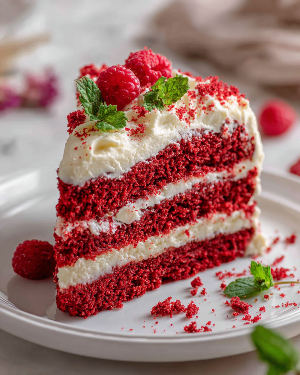 Pastel de terciopelo rojo decorado con glaseado de queso crema, ideal para celebraciones y ocasiones especiales.