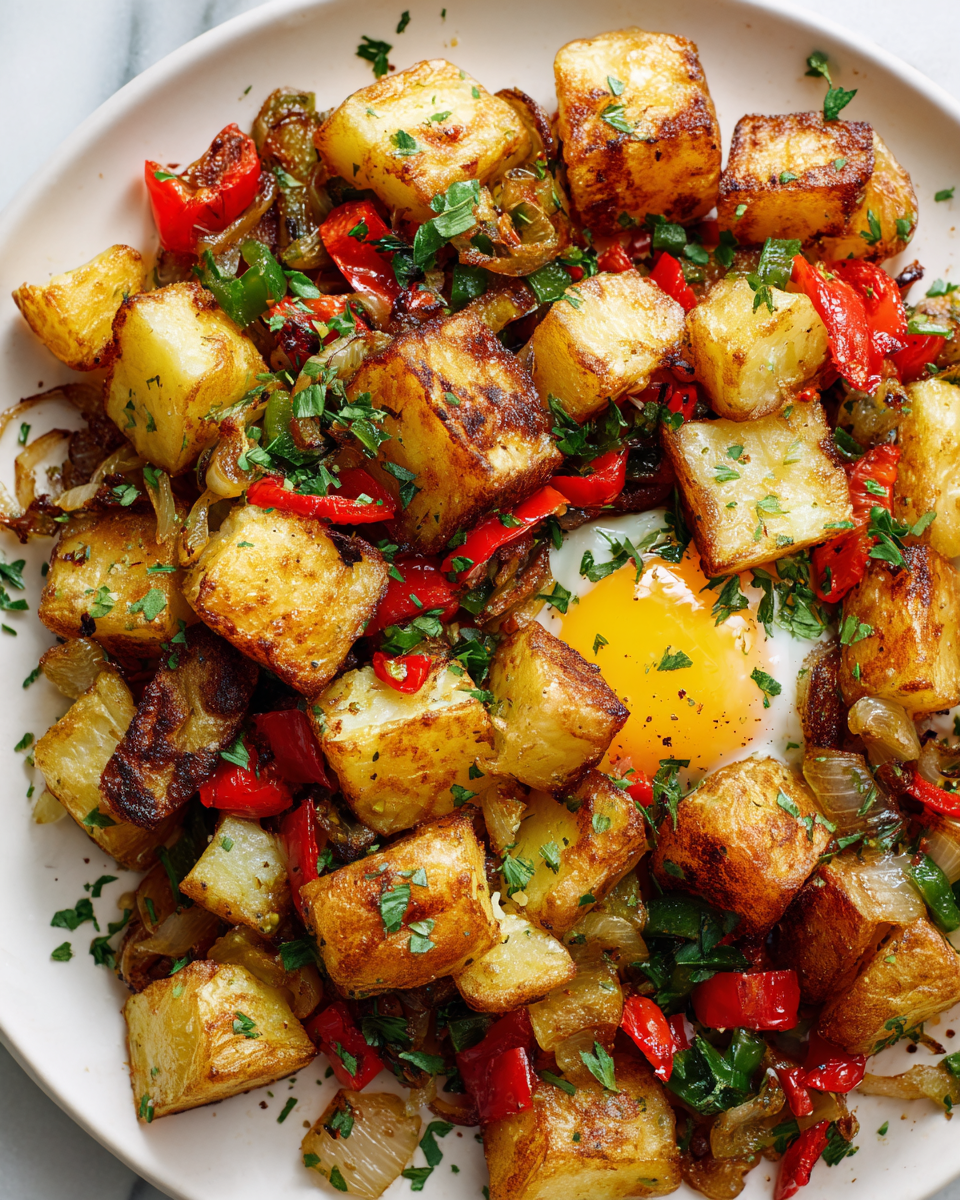 Patatas de desayuno crujientes con pimientos en una sartén