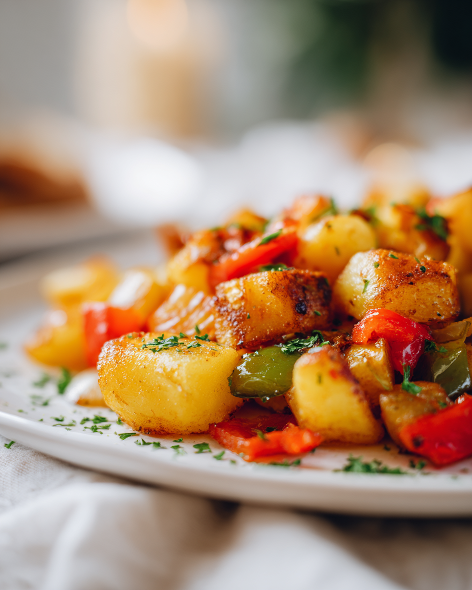 Patatas de desayuno crujientes con pimientos en una sartén