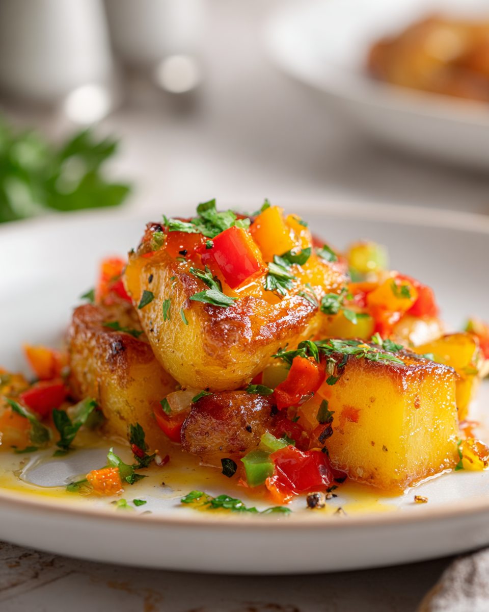 Patatas de desayuno crujientes con pimientos en una sartén