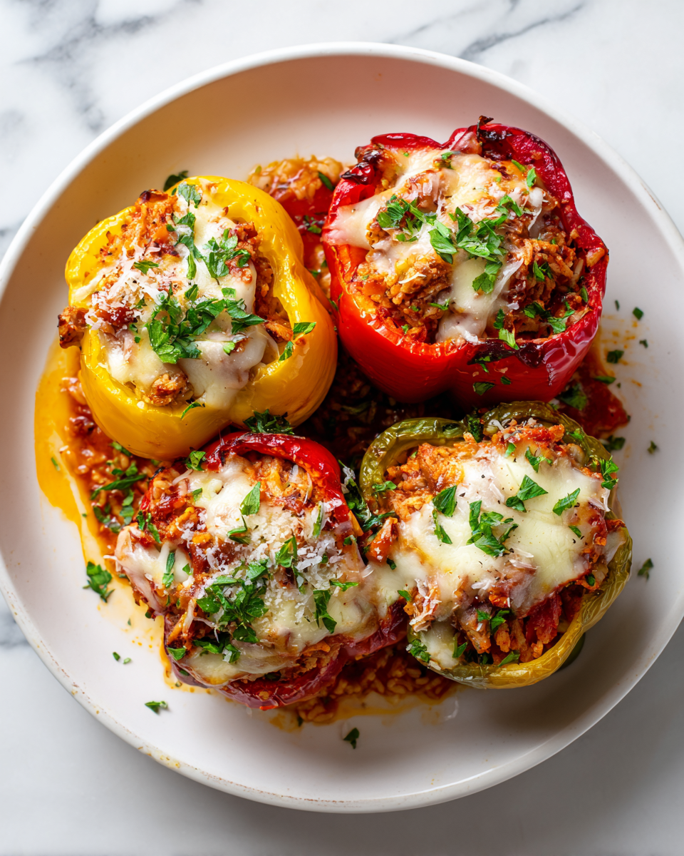 Pimientos rellenos de pollo molido con arroz, perfectos para celebraciones