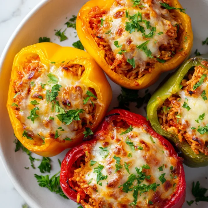 Pimientos rellenos de pollo molido con arroz, perfectos para celebraciones