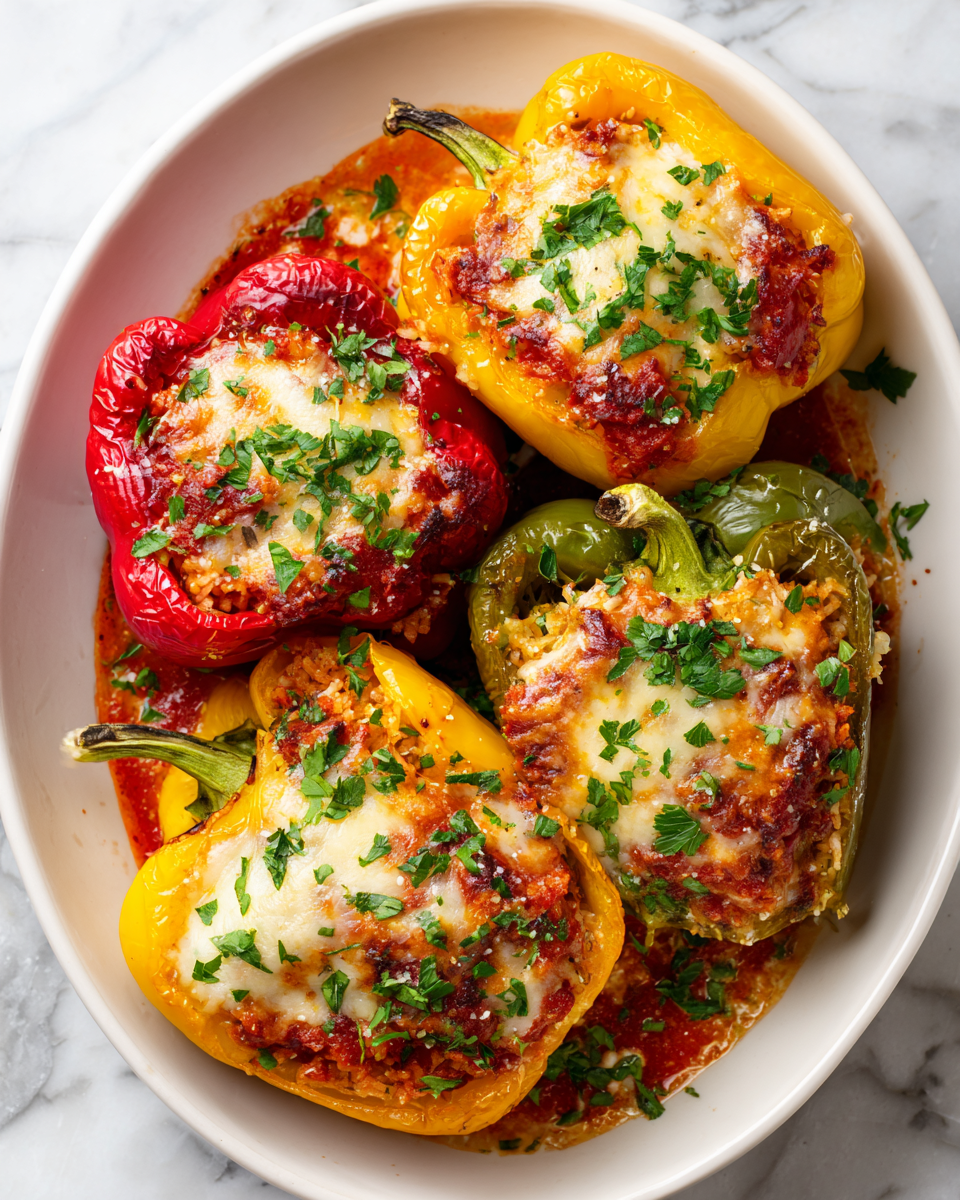 Pimientos rellenos de pollo molido con arroz, perfectos para celebraciones