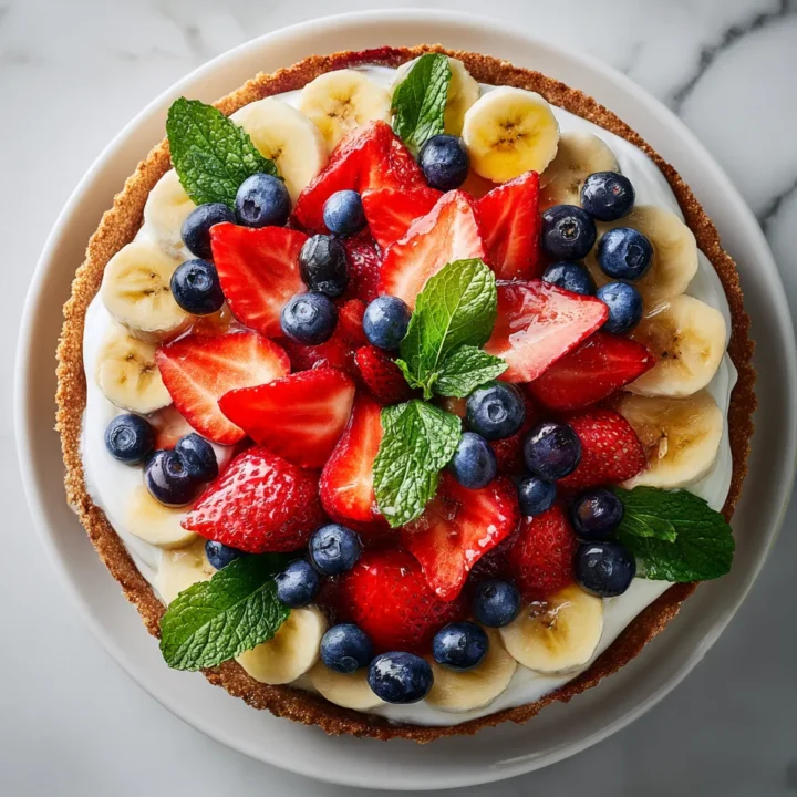 Pizza de frutas con queso crema, ideal para celebraciones veraniegas con colores vibrantes y sabores frescos.