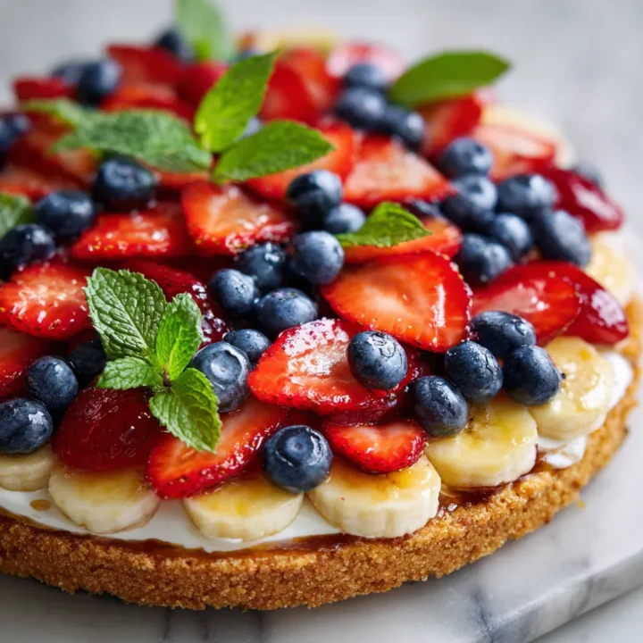 Pizza de frutas con queso crema, ideal para celebraciones veraniegas con colores vibrantes y sabores frescos.