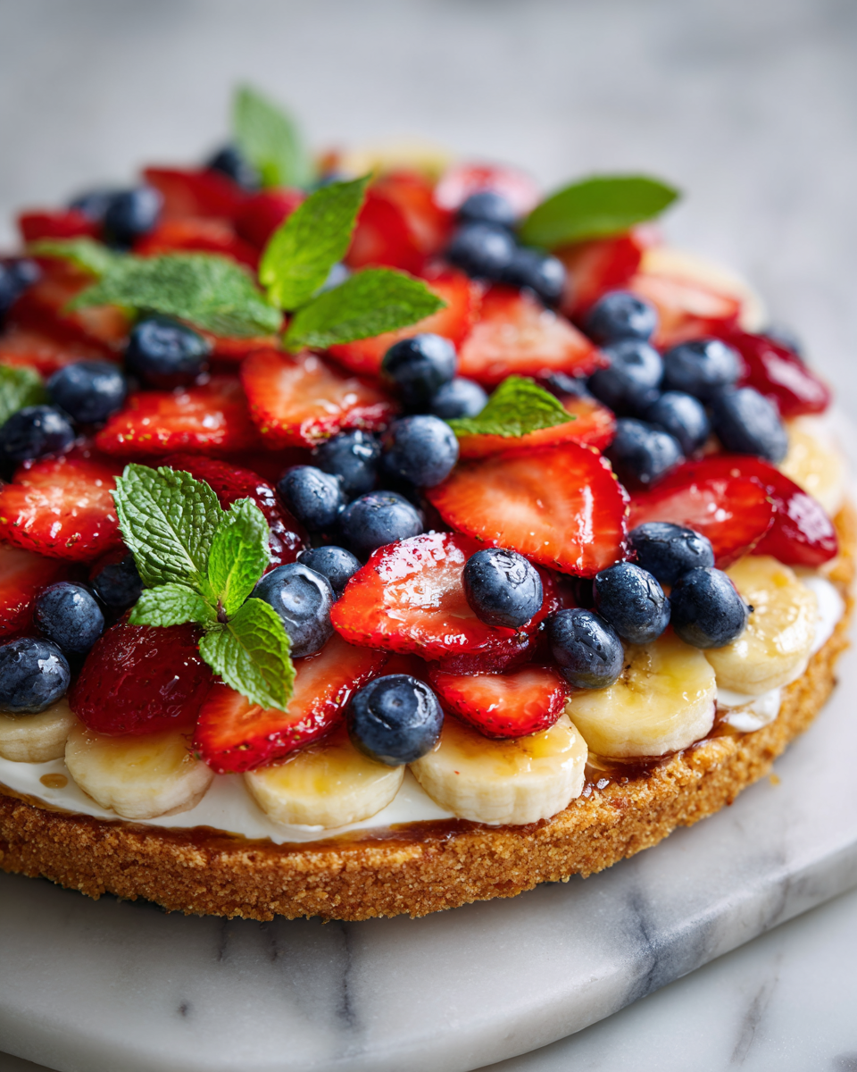 Pizza de frutas con queso crema, ideal para celebraciones veraniegas con colores vibrantes y sabores frescos.