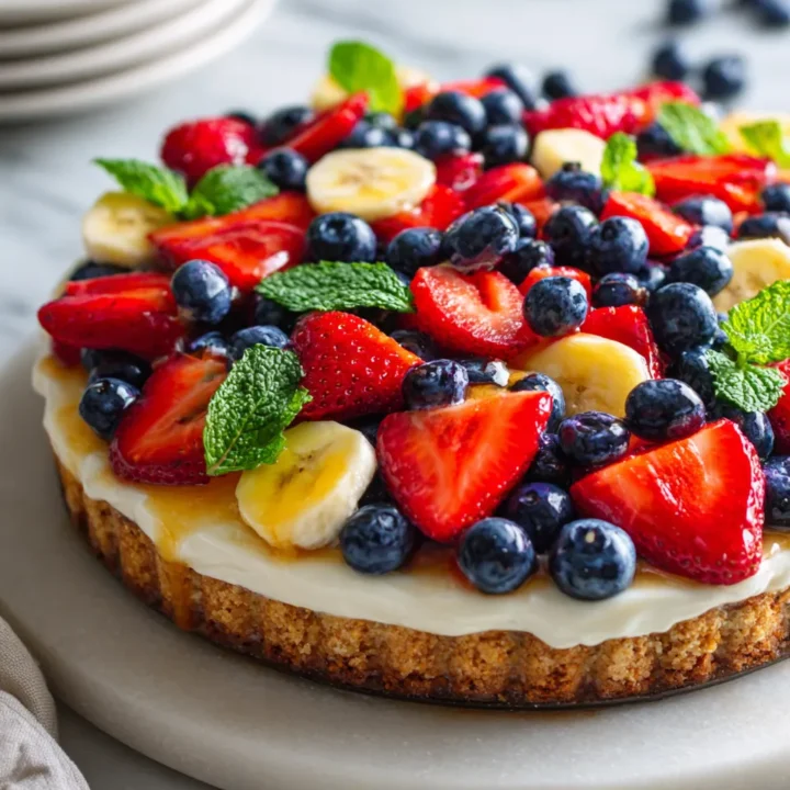 Pizza de frutas con queso crema, ideal para celebraciones veraniegas con colores vibrantes y sabores frescos.
