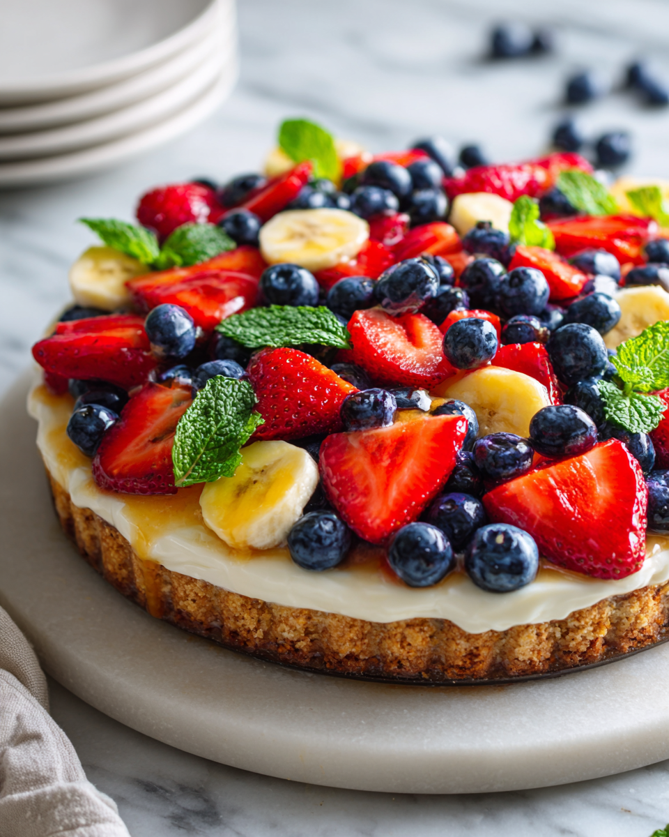 Pizza de frutas con queso crema, ideal para celebraciones veraniegas con colores vibrantes y sabores frescos.