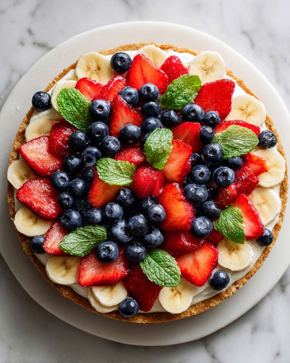 Pizza de frutas con queso crema, ideal para celebraciones veraniegas con colores vibrantes y sabores frescos.