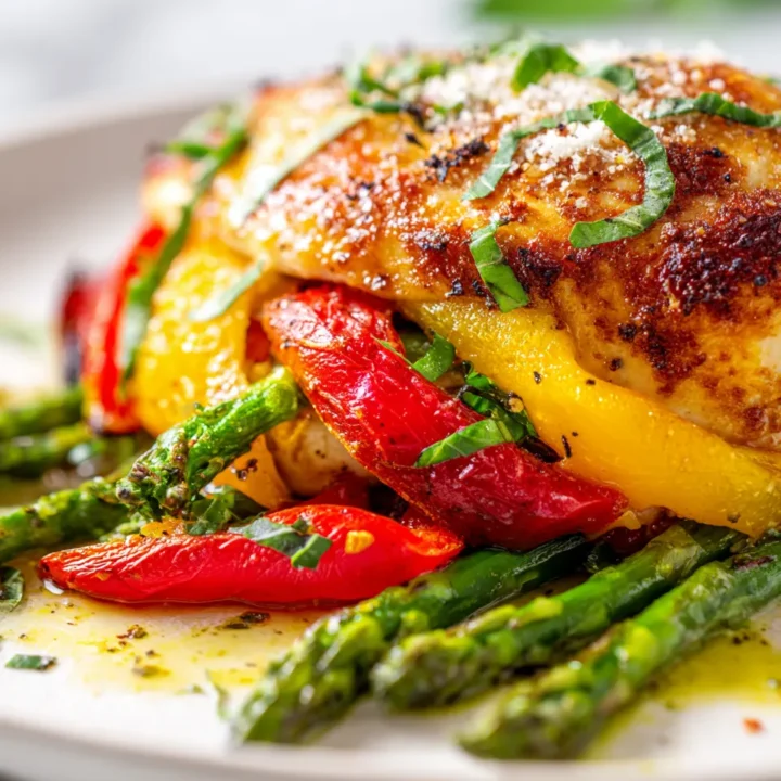 Pollo Relleno Primavera con verduras frescas como espárragos y pimientos, ideal para recetas caseras y celebraciones familiares.