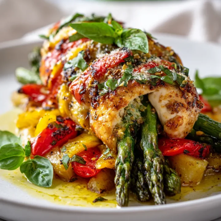 Delicioso Pollo Relleno Primavera Pollo Relleno Primavera con verduras frescas como espárragos y pimientos, ideal para recetas caseras y celebraciones familiares.