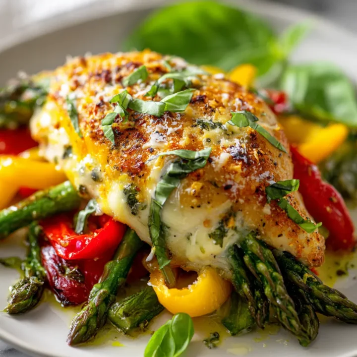 Delicioso Pollo Relleno Primavera Pollo Relleno Primavera con verduras frescas como espárragos y pimientos, ideal para recetas caseras y celebraciones familiares.