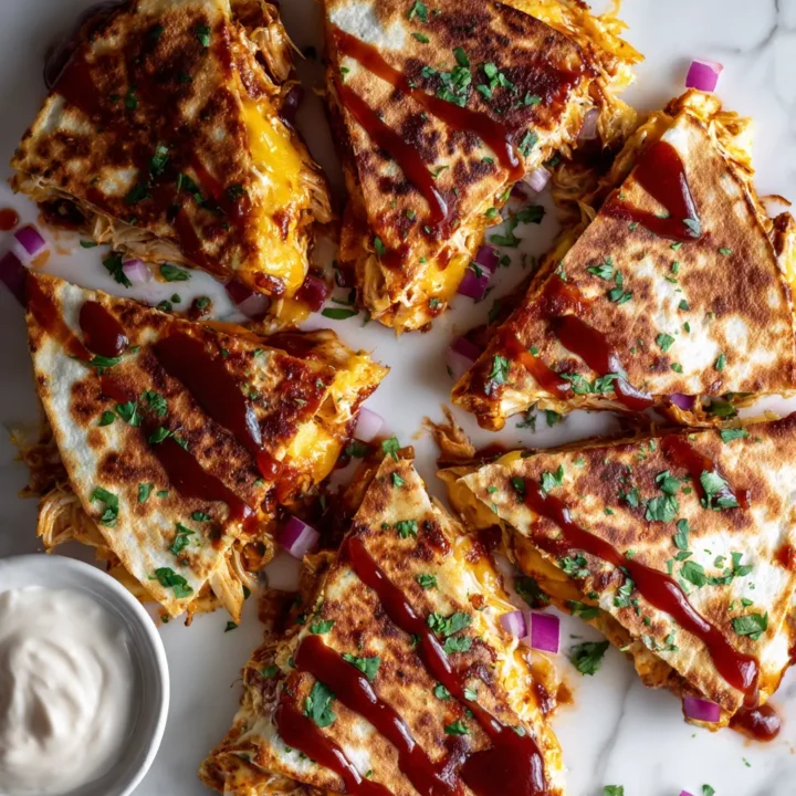 Quesadilla de pollo BBQ crujiente, ideal para compartir en reuniones. Rápida y deliciosa, preparada en solo 30 minutos.