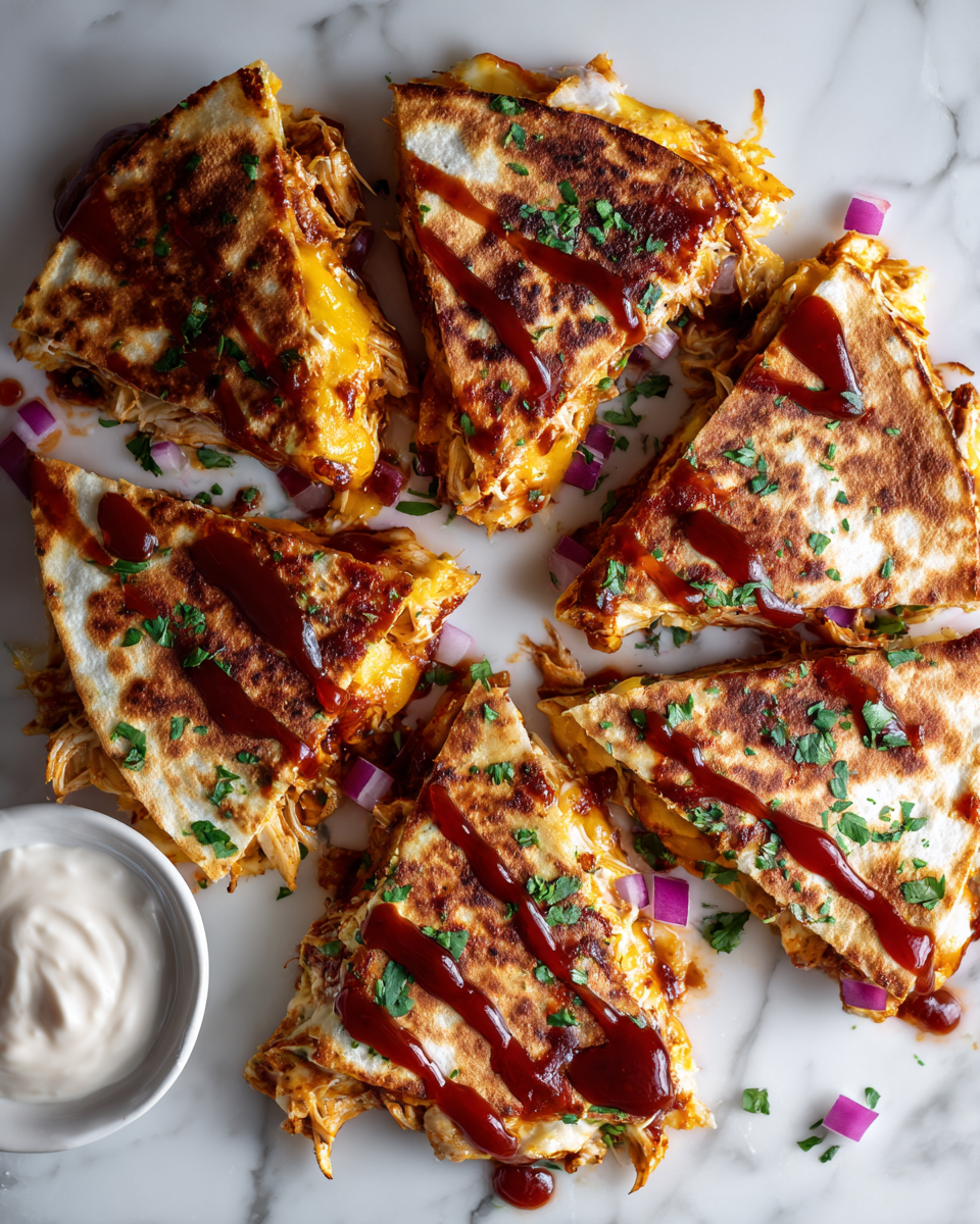 Quesadilla de pollo BBQ crujiente, ideal para compartir en reuniones. Rápida y deliciosa, preparada en solo 30 minutos.