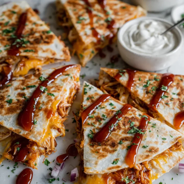 Quesadilla de pollo BBQ crujiente, ideal para compartir en reuniones. Rápida y deliciosa, preparada en solo 30 minutos.