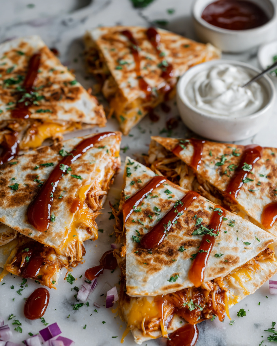 Quesadilla de pollo BBQ crujiente, ideal para compartir en reuniones. Rápida y deliciosa, preparada en solo 30 minutos.